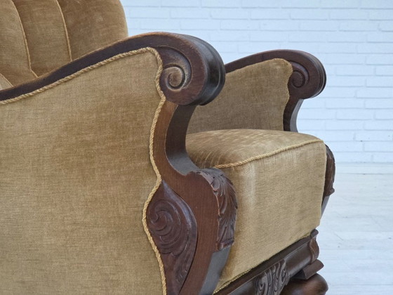 Image 1 of 1960s, Danish armchair, original green furniture velour, carved oak wood.