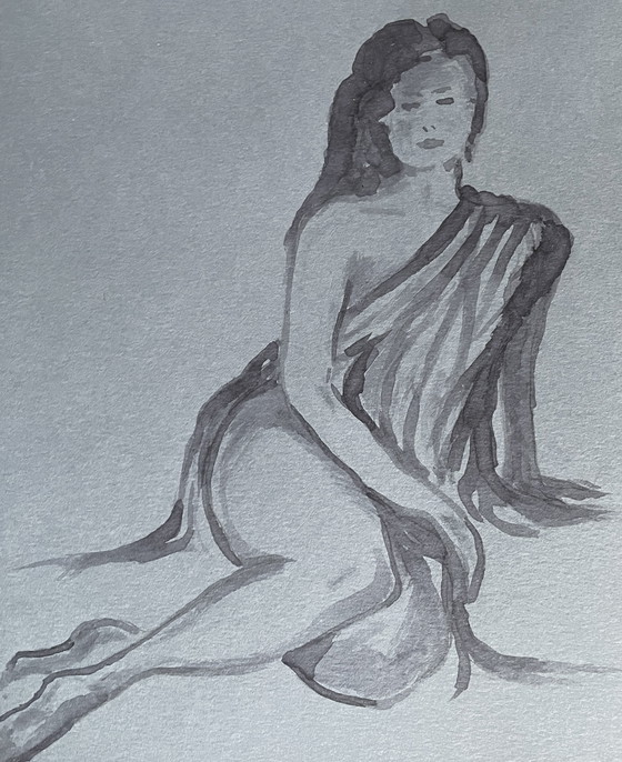 Image 1 of Aquarelle Monochrome sur Papier Denim - Portrait Féminin
