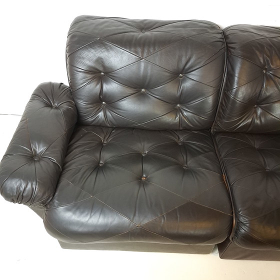 Image 1 of Canapé d'angle modulable vintage 7 pièces en cuir noir/marron