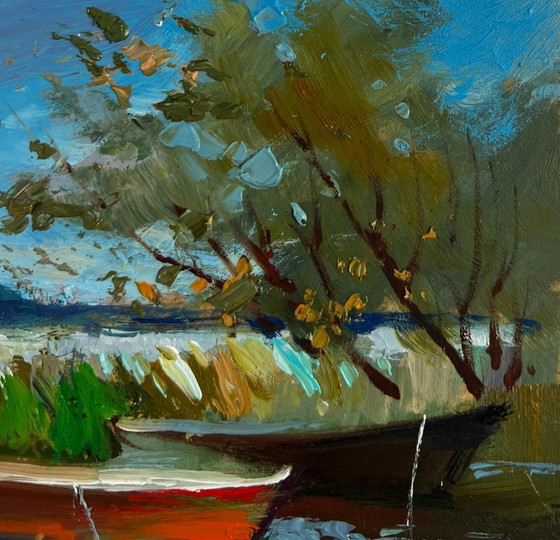 Image 1 of Original Oil Painting Summer River Landscape Boats moored on the shore