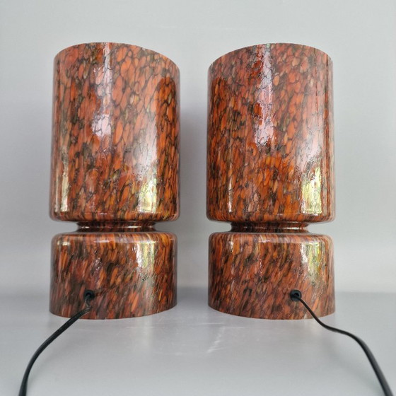 Image 1 of Set van 2 Vintage Peill & Putzler Tafellampen – Space Age Glas – Oranje Gemarmerd – 36 cm Hoog – Duitsland 1970s – Space Age