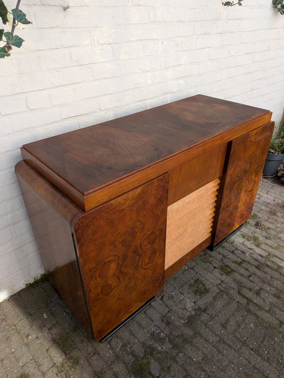 Image 1 of Exquisite 1940s Art Deco Burr Walnut Cabinet – Versatile Drinks/Media Unit
