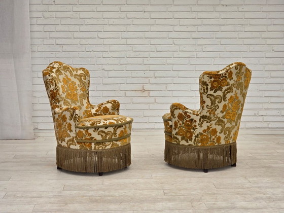Années 1970, paire de 2 petits fauteuils danois, tissu d'ameublement marron/beige. – Textile (photo 4 of 15)