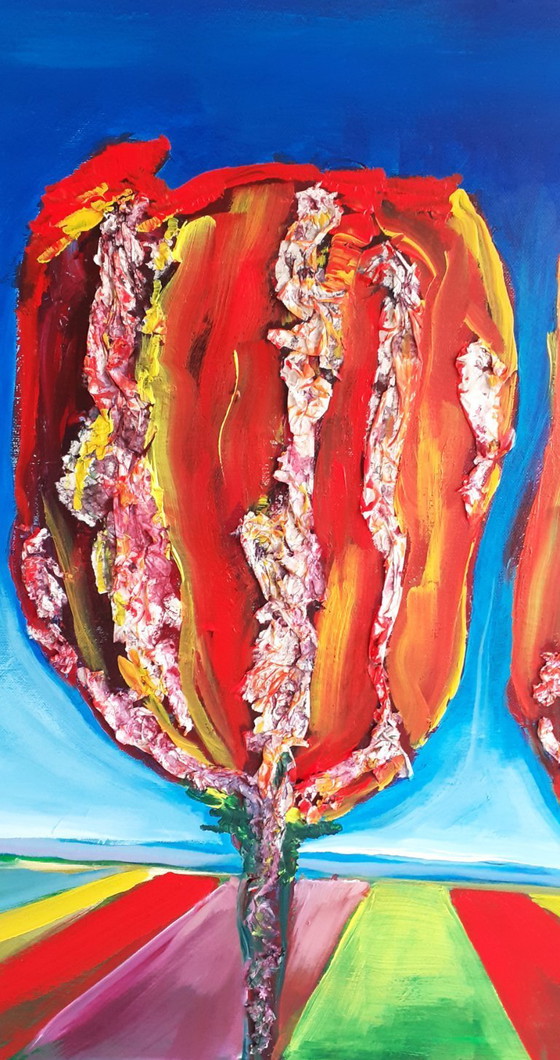 Image 1 of JM gesigneerd schilderij met Titel Tulpenveld