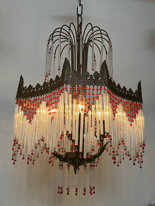 Vintage rod chandelier pendant lamp 1920s red beads