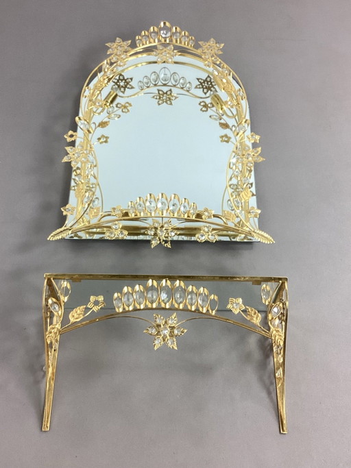 Italienischer Vintage Hollywood Regency Spiegel mit Messingkonsole und Beleuchtung