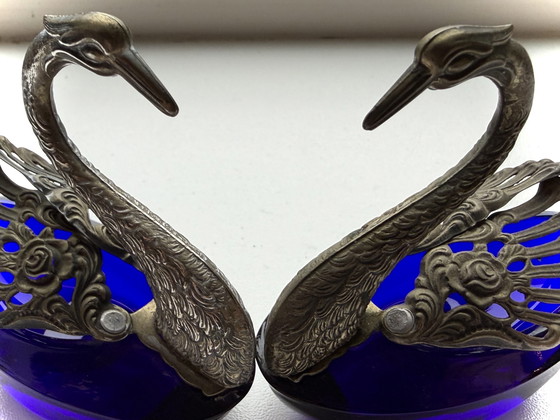 Image 1 of Zout & Specerijenhouder - zilver 800 - kobalt kristal - 1940/1950