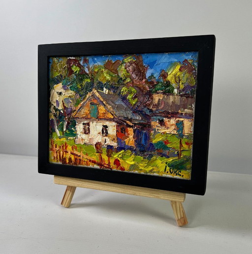 Original Oil Painting Village Day Landscape Village under the summer sky