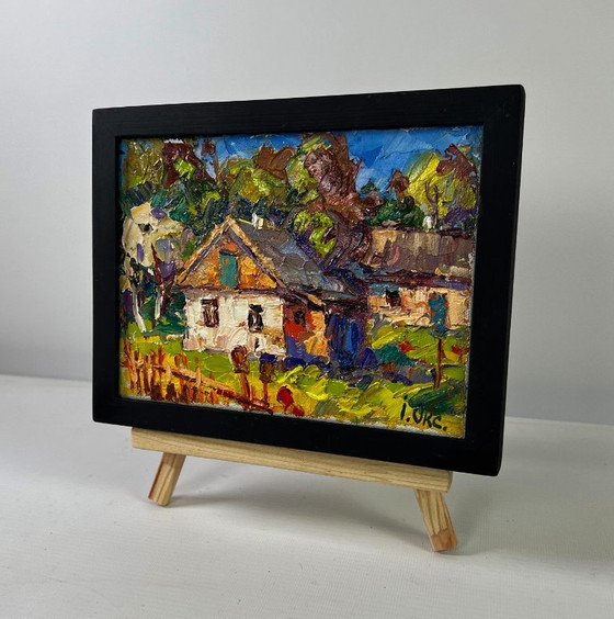 Image 1 of Original Oil Painting Village Day Landscape Village under the summer sky