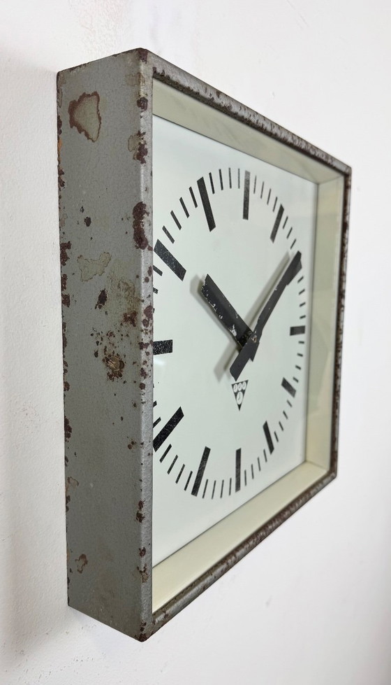 Image 1 of Grey Rusty Industrial Square Wall Clock from Pragotron, 1970s