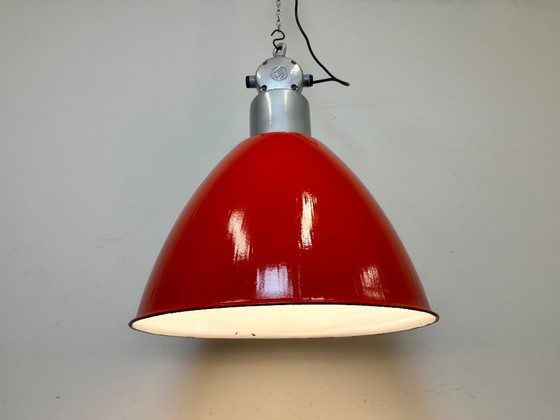 Image 1 of Large Red Painted Industrial Factory Lamp from Elektrosvit, 1960s