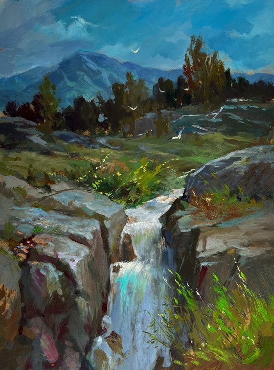 Image 1 of Original Oil Painting Summer Nature Landscape Mountain waterfall