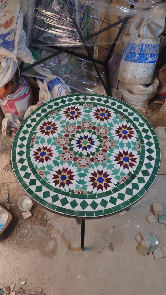 Image 1 of Handmade Moroccan Mosaic Table – Colorful Zellige Tile Patio Table with Iron Chairs Set