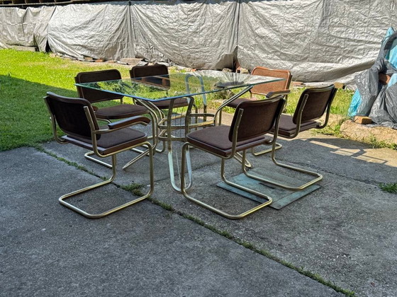 Italian Brass Dining Set with Table and Chairs, 1970s, Set of 7 – Glass, Hollywood Regency (photo 4 of 7)