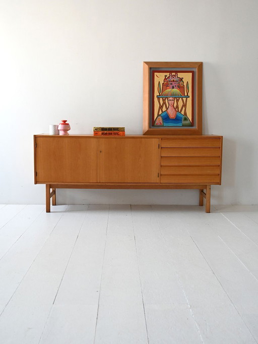 Vintage Scandinavisch eikenhouten dressoir met lades met tegelfront