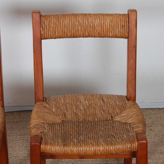 Image 1 of Set of 6 straw-seated chairs in solid elm, French work, 1950