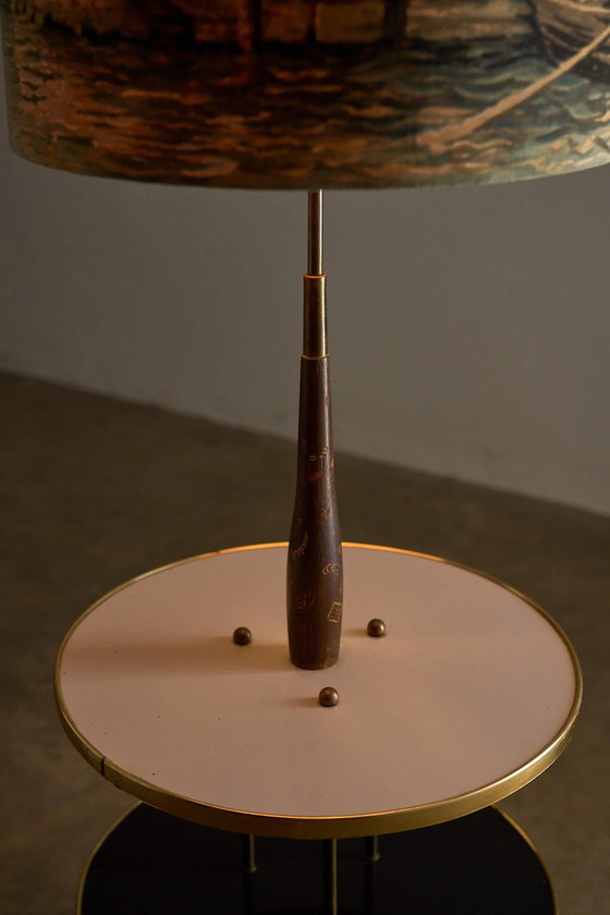 Lampadaire de table Hairpin en laiton avec abat-jour vénitien, Bois, Textile, Noir, Mid Century Modern (photo 6 sur 12)
