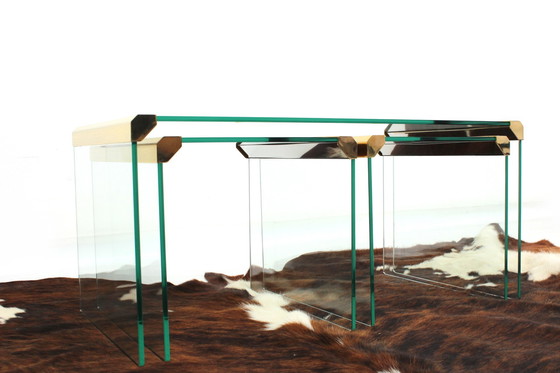 Image 1 of As New! Gallotti & Radice T35 R Coffee Table Set, Gold Edition, Set of Tables, Italy 1975, Crystal Glass