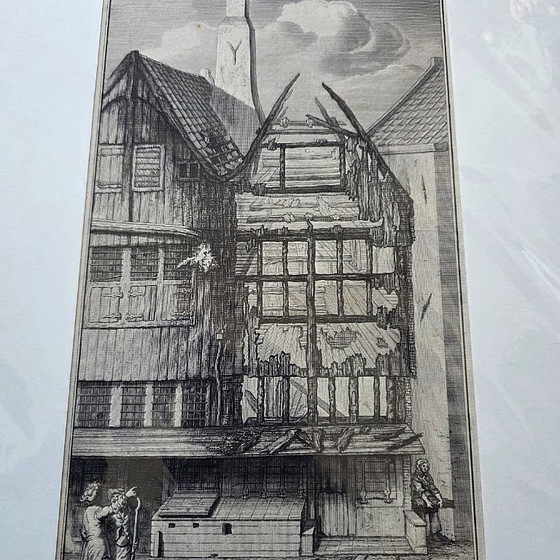 Image 1 of Jan van der Heyden etching Oude Nieuwstraat Amsterdam, 17th century