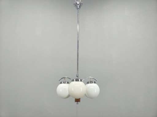 Lampadario Art Déco, cromo, noce e vetro, anni '30