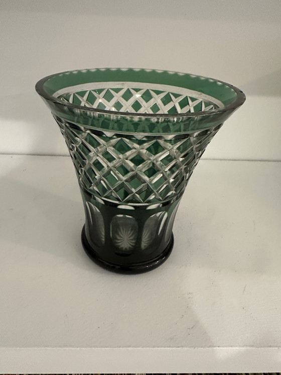 Image 1 of Dark Green Cut Crystal Vase Val Saint Lambert