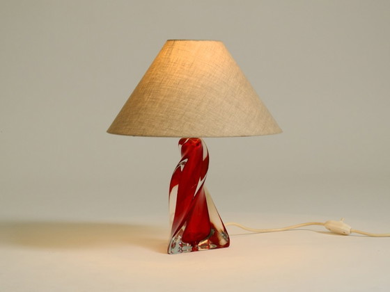 Image 1 of Beautiful heavy mid-century modern table lamp made of solid crystal glass in red and transparent