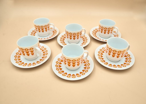 6 Midcentury Porcelain Coffee Cups & Saucers, EPIAG, Czechoslovakia