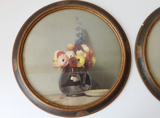 ENSEMBLE DE 2 CADRES RONDS ART DECO VINTAGE 1940 1950 CECILE HAY BOOTS 40S 50S