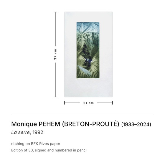 Monique Pehem (Breton-Prouté) signierte Radierung La Serre 1992 – Lithographien & Drucke, Paper (photo 3 of 5)