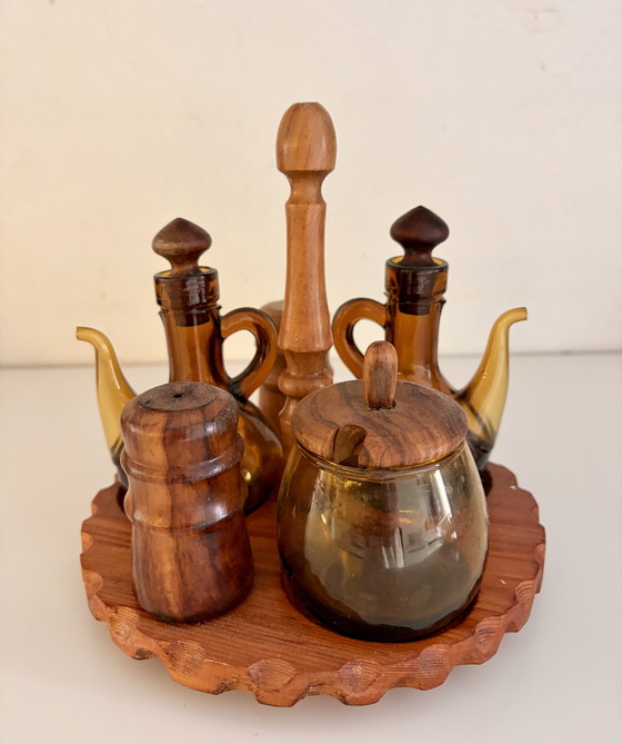 Image 1 of Set olio e aceto vintage – vetro ambrato e legno – vassoio