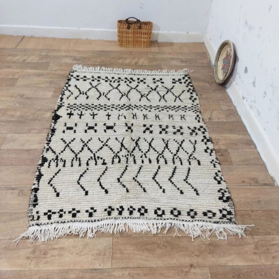 Image 1 of Natural Wool Berber Rug – Black Geometric Patterns Handwoven (175 × 125 cm)