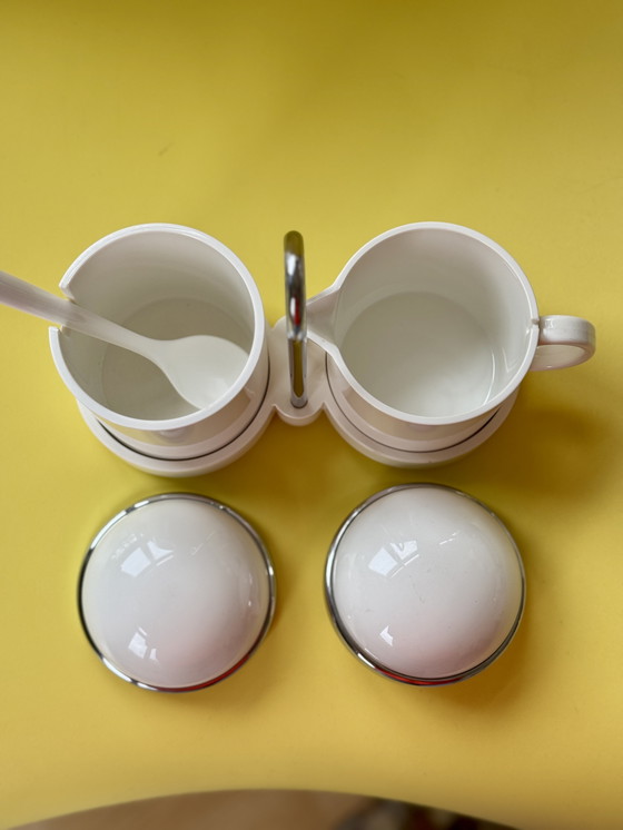 Image 1 of Vintage Emsa melk en suiker set – retro wit kunststof & chroom – West-Duits design jaren 70/80