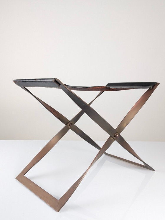 Image 1 of Folding Steel and Leather Stool, Denmark 1960s