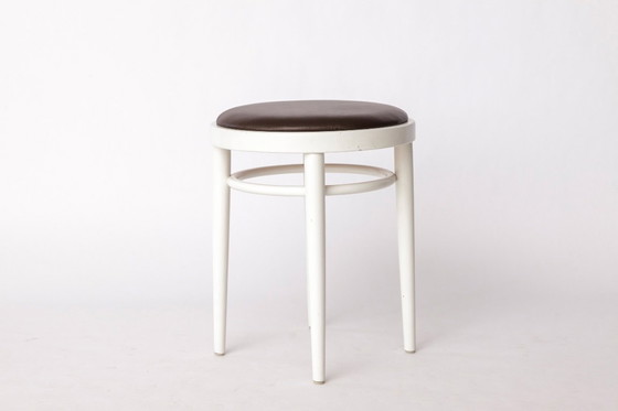 Image 1 of Sgabello vintage Thonet - Legno laccato bianco e pelle marrone - Anni '90-2000