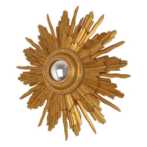 Vintage Houten Zonnespiegel Sunburst Convex Goud 46cm