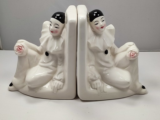 Fermalibri vintage Pierrot Clown X 2 in ceramica bianca anni '80