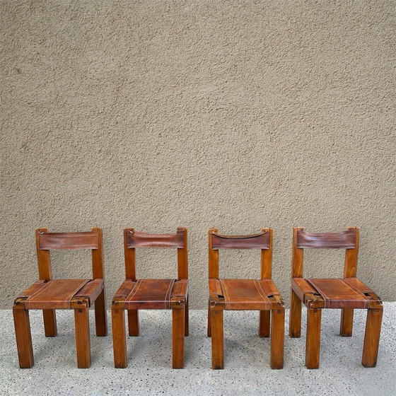 Set di 4 sedie di Pierre Chapo, 1960, Sedie da pranzo, Pelle, Marrone (foto 2 di 12)
