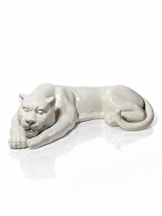 Large elongated panther in crackled earthenware, vintage 1960s-1980s. – Decorative Objects, Porcelain (photo 3 of 16)