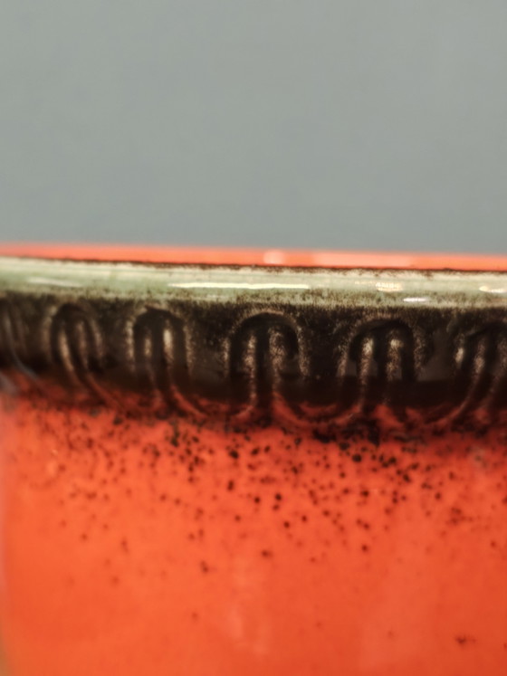 Image 1 of Large Vintage Orange Flowerpot Green Rim