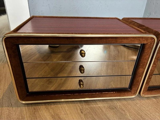 Ruf International Nightstands, Pair Mirrored Bedside Tables 1970s, Wood, Velvet, Brown (photo 2 of 8)