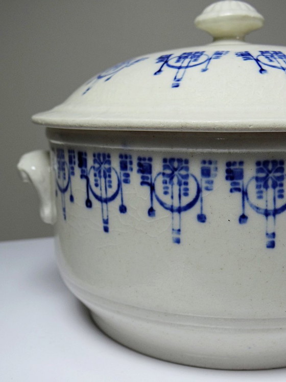Image 1 of Antique glazed ironstone bouillon/casserole dish with blue St Uze decoration
