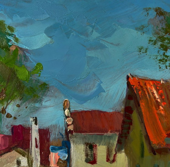 Original Oil Painting Rural Landscape Village Stream – Paintings & Drawings, Mdf (photo 5 of 10)