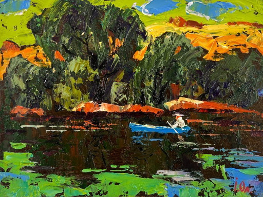 Pintura al óleo original Paisaje de verano junto al río Sauces inclinados sobre el silencio
