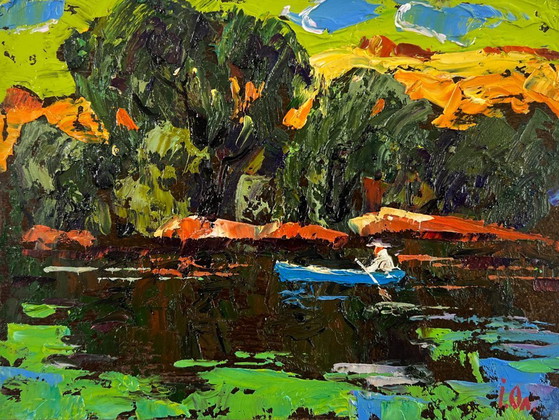 Image 1 of Original Oil Painting Summer River Landscape Willows bent over the silence
