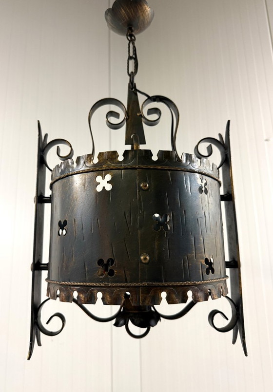 Brutalist classic castle style iron pendant lamp 1960s, Metal, Black, Rustic (photo 8 of 13)