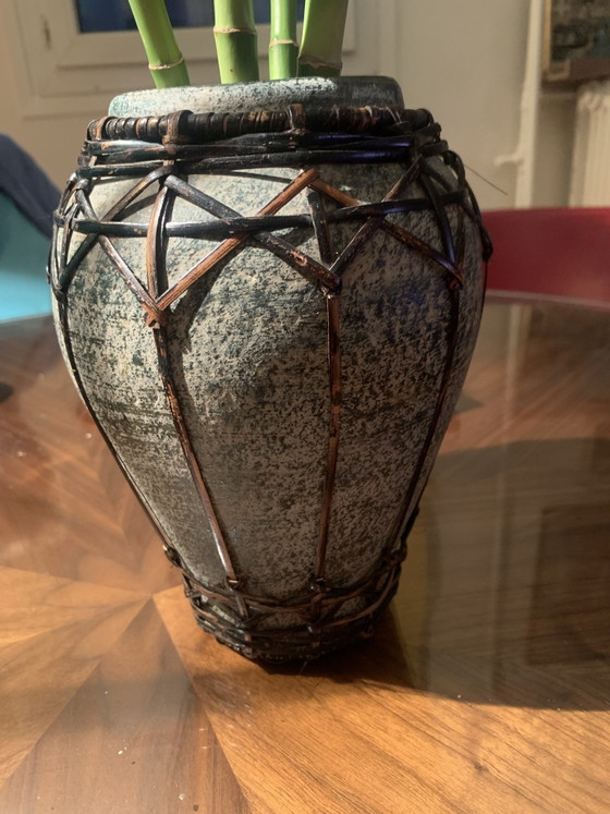 Antique Japanese Stoneware and Braided Bamboo Vase - Wabi-Sabi / Mingei Style, Ceramic, Multi Color (photo 6 of 10)
