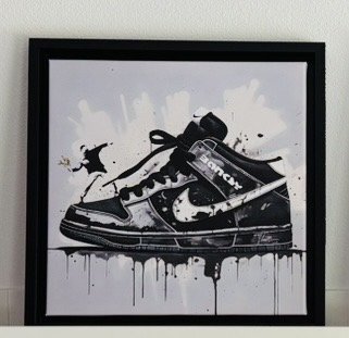 Image 1 of Treize : « Nike Jordan par Banksy ». ​​Signée à la main, édition 6/10. Glicée sur toile. Cadre et système de suspension inclus.