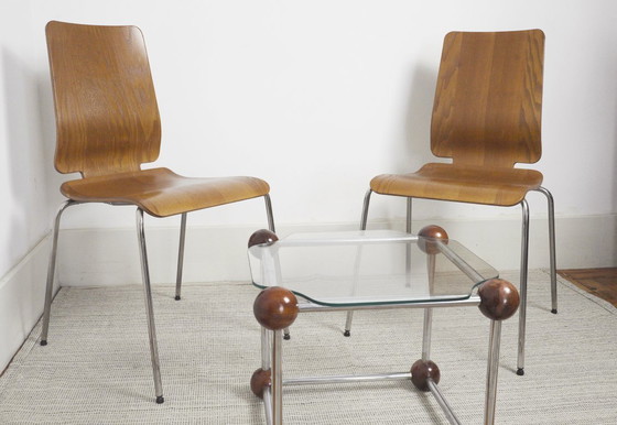 Image 1 of Chaises IKEA Gilbert en teck vintage, ensemble de 6 chaises de salle à manger empilables en contreplaqué de teck, style scandina