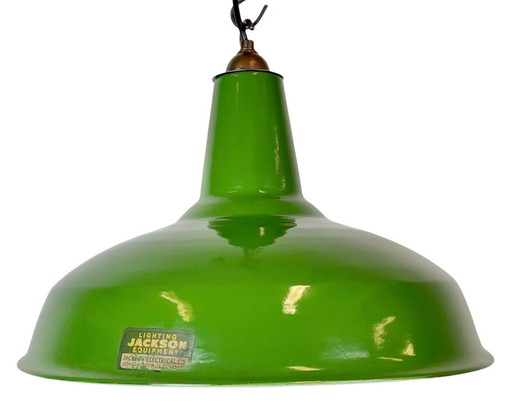 Industrielle Fabrik-Hängelampe aus grüner Emaille von Jackson Electrical Co., 1960er – hanglampen, Iron, Brass