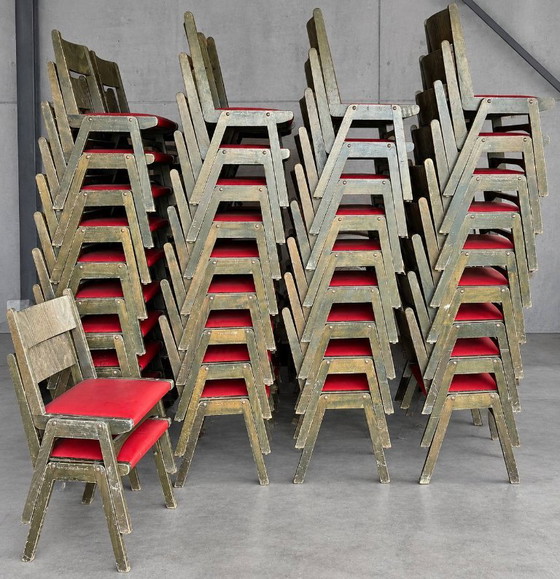 Grand lot de chaises vintage empilables, Chaises de salle à manger, Bois, Skaï, Rouge (photo 3 sur 14)